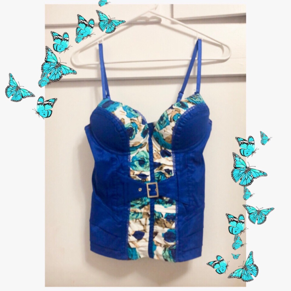 Blue/floral corset style top with belt details
